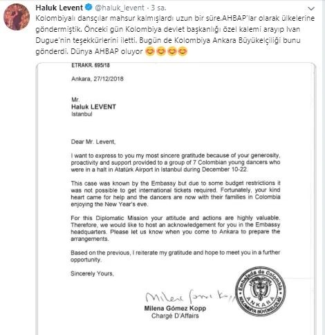 Haluk Levent’e Kolombiya'dan ‘teşekkür’ telefonu